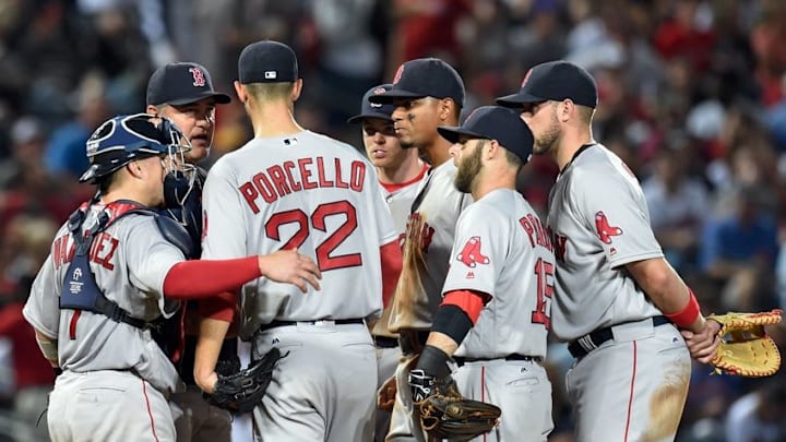 Apr 25, 2016; Atlanta, GA, USA; Boston Red Soxmanager John Farrell (53) removes starting pitcher Rick Porcello (22) from the game against the Atlanta Braves during the seventh inning at Turner Field. Mandatory Credit: Dale Zanine-USA TODAY Sports