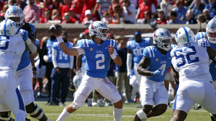 Oct 1, 2022; Oxford, Mississippi, USA; Mississippi Rebels quarterback Jaxson Dart (2) passes the ball during the third quarter against the Kentucky Wildcats at Vaught-Hemingway Stadium. Mandatory Credit: Petre Thomas-USA TODAY Sports