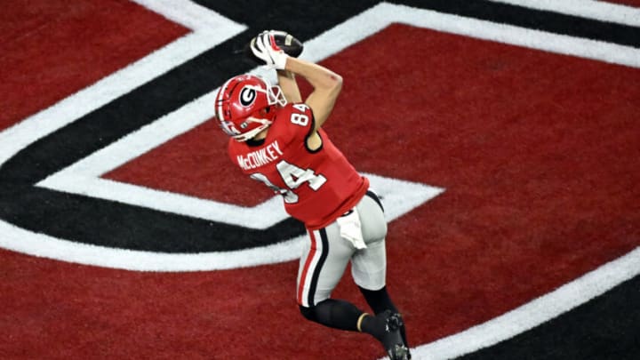Jan 9, 2023; Inglewood, CA, USA; Georgia Bulldogs wide receiver Ladd McConkey (84) makes a catch for a touchdown in the first quarter against the TCU Horned Frogs in the CFP national championship game at SoFi Stadium. Mandatory Credit: Robert Hanashiro-USA TODAY Sports