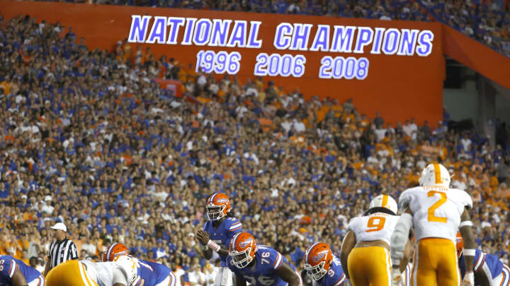 Sep 25, 2021; Gainesville, Florida, USA; Florida Gators quarterback Emory Jones (5) waits for the snap against the Tennessee Volunteers during the first quarter at Ben Hill Griffin Stadium. Mandatory Credit: Kim Klement-USA TODAY Sports