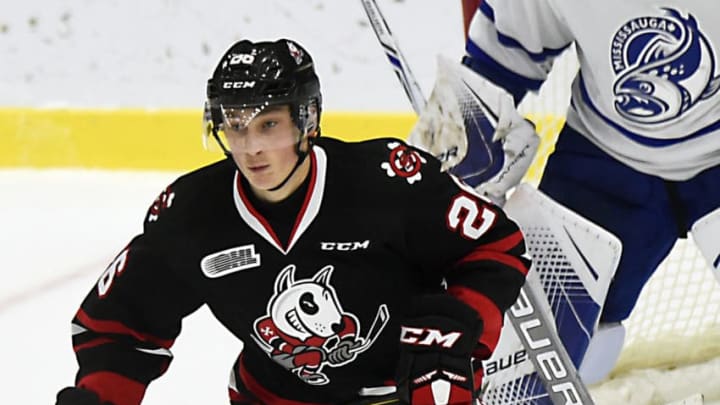 MISSISSAUGA, ON - OCTOBER 29: Philip Tomasino #26 of the Niagara IceDogs skates up ice against the Mississauga Steelheads during game action on October 29, 2017 at Hershey Centre in Mississauga, Ontario, Canada. Steelheads defeated the IceDogs 4-1. (Photo by Graig Abel/Getty Images)