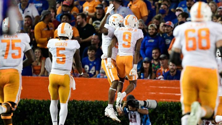 Tennessee wide receiver JaVonta Payton (3) celebrates a touchdown with Tennessee wide receiver Jimmy Calloway (9) in the end zone during a game at Ben Hill Griffin Stadium in Gainesville, Fla. on Saturday, Sept. 25, 2021.Kns Tennessee Florida Football