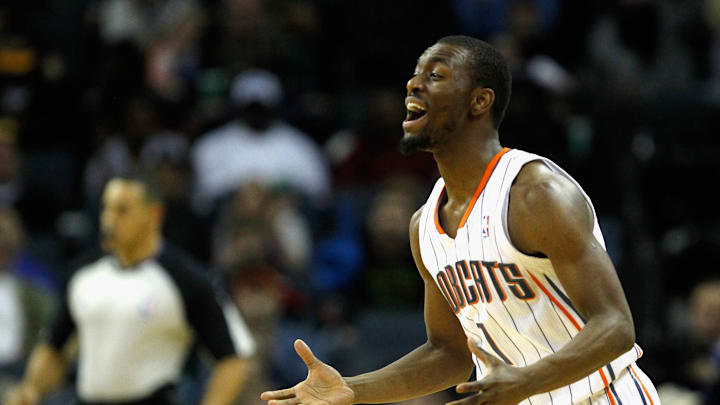 CHARLOTTE, NC – JANUARY 13: Kemba Walker #1 of the Charlotte Bobcats reacts to a play during their game against the Detroit Pistons at Time Warner Cable Arena on January 13, 2012 in Charlotte, North Carolina. NOTE TO USER: User expressly acknowledges and agrees that, by downloading and or using this photograph, User is consenting to the terms and conditions of the Getty Images License Agreement. (Photo by Streeter Lecka/Getty Images)