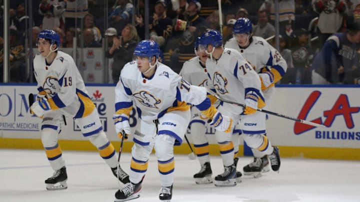 BUFFALO, NEW YORK - NOVEMBER 02: JJ Peterka #77 of the Buffalo Sabres skates back to the bench after scoring during the second period of an NHL hockey game against the Pittsburgh Penguins at KeyBank Center on November 02, 2022 in Buffalo, New York. (Photo by Joshua Bessex/Getty Images)