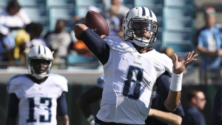 Dec 24, 2016; Jacksonville, FL, USA; Tennessee Titans quarterback Marcus Mariota (8) warms up prior to the game against the Jacksonville Jaguars at EverBank Field. Mandatory Credit: Logan Bowles-USA TODAY Sports