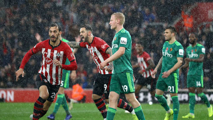 SOUTHAMPTON, ENGLAND - NOVEMBER 10: Manolo Gabbiadini of Southampton celebrates after scoring his team's first goal during the Premier League match between Southampton FC and Watford FC at St Mary's Stadium on November 10, 2018 in Southampton, United Kingdom. (Photo by Bryn Lennon/Getty Images)