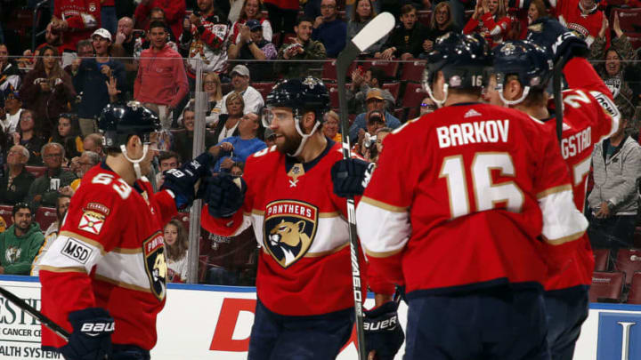 SUNRISE, FL - MARCH 15: Aaron Ekblad #5 of the Florida Panthers celebrates his goal with teammates during the first period against the Boston Bruins at the BB&T Center on March 15, 2018 in Sunrise, Florida. (Photo by Eliot J. Schechter/NHLI via Getty Images)