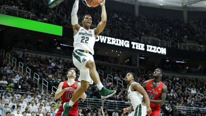 EAST LANSING, MI - NOVEMBER 19: Miles Bridges #22 of the Michigan State Spartans dunks during the game against the Stony Brook Seawolves at Breslin Center on November 19, 2017 in East Lansing, Michigan. (Photo by Rey Del Rio/Getty Images)