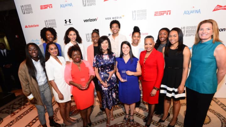 NEW YORK, NY - SEPTEMBER 19: Award winners Kimberly Bryant, Andrea Jung and Kayla Canario pose with Lisa Borders and WNBA players during the Inspiring Women Luncheon at Cipriani in New York, New York on September 19, 2017.  NOTE TO USER: User expressly acknowledges and agrees that, by downloading and or using this photograph, User is consenting to the terms and conditions of the Getty Images License Agreement. Mandatory Copyright Notice: Copyright 2017 NBAE (Photo by Jennifer Pottheiser/NBAE via Getty Images)