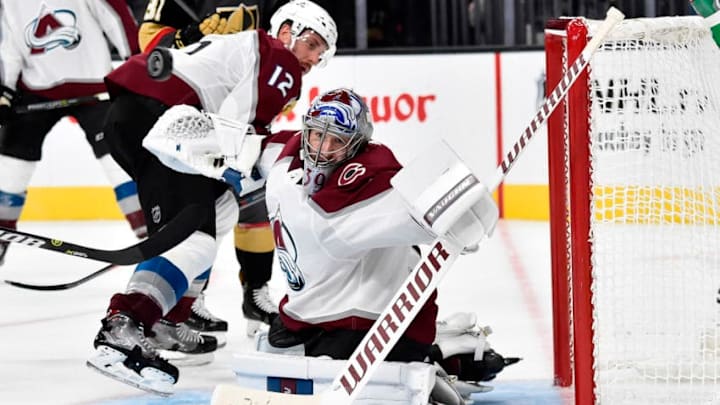 LAS VEGAS, NV - SEPTEMBER 24: Pavel Francouz #39 of the Colorado Avalanche makes a save against the Vegas Golden Knights in the third period during a preseason game at T-Mobile Arena on September 24, 2018 in Las Vegas, Nevada. (Photo by Jeff Bottari/NHLI via Getty Images)