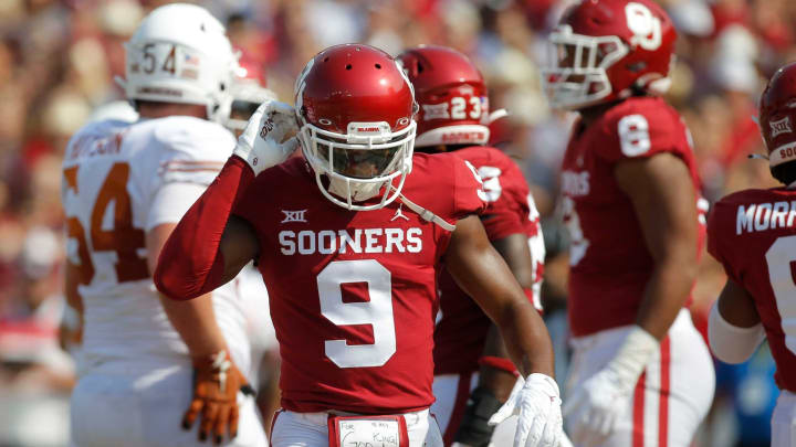 OU defensive back D.J. Graham (9) walks away after a Texas touchdown during a 49-0 loss Oct. 8 in Dallas.oufoot — cover