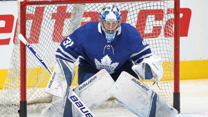 TORONTO, ON - DECEMBER 22: Frederik Andersen #31 of the Toronto Maple Leafs gets set to face a shot during warm-up prior to action against the New York Rangers in an NHL game at Scotiabank Arena on December 22, 2018 in Toronto, Ontario, Canada. The Maple Leafs defeated the Rangers 5-3. (Photo by Claus Andersen/Getty Images)