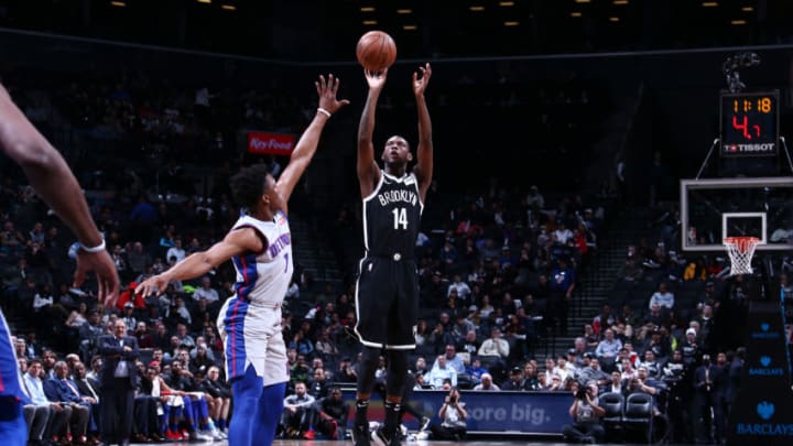 BROOKLYN, NY - JANUARY 10: Milton Doyle #14 of the Brooklyn Nets shoots the ball against the Detroit Pistons on January 10, 2018 at Barclays Center in Brooklyn, New York. NOTE TO USER: User expressly acknowledges and agrees that, by downloading and or using this Photograph, user is consenting to the terms and conditions of the Getty Images License Agreement. Mandatory Copyright Notice: Copyright 2018 NBAE (Photo by Nathaniel S. Butler/NBAE via Getty Images)