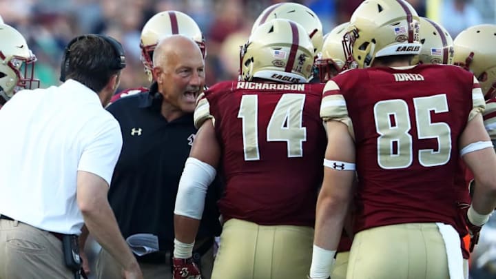 CHESTNUT HILL, MA - SEPTEMBER 16: Head coach Steve Addazio of the Boston College Eagles directs his team during the second half against the Notre Dame Fighting Irish at Alumni Stadium on September 16, 2017 in Chestnut Hill, Massachusetts. (Photo by Maddie Meyer/Getty Images) CHESTNUT HILL, MA - SEPTEMBER 16: Head coach Steve Addazio of the Boston College Eagles directs his team during the second half against the Notre Dame Fighting Irish at Alumni Stadium on September 16, 2017 in Chestnut Hill, Massachusetts. (Photo by Maddie Meyer/Getty Images)
