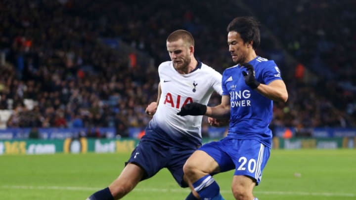 LEICESTER, ENGLAND – DECEMBER 08: Eric Dier of Tottenham Hotspur is challenged by Shinji Okazaki of Leicester City during the Premier League match between Leicester City and Tottenham Hotspur at The King Power Stadium on December 8, 2018 in Leicester, United Kingdom. (Photo by Alex Pantling/Getty Images)