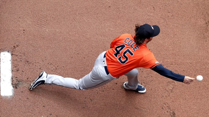 SEATTLE, WA – APRIL 14: Gerrit Cole #45 of the Houston Astros warms up prior to taking on the Seattle Mariners during their game at T-Mobile Park on April 14, 2019 in Seattle, Washington. (Photo by Abbie Parr/Getty Images)