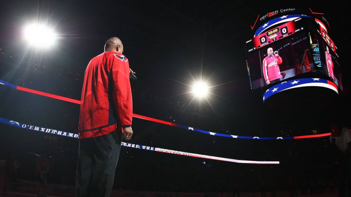 WASHINGTON – NOVEMBER 13: Caleb Green signs the national anthem prior to the game between the Washington Capitals and the Minnesota Wild at the Verizon Center on November 13, 2009 in Washington, DC. (Photo by Bruce Bennett/Getty Images)