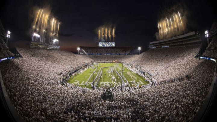 STATE COLLEGE, PA - SEPTEMBER 18: Fireworks are displayed as Penn State Nittany Lions take the field before the white out game against the Auburn Tigers at Beaver Stadium on September 18, 2021 in State College, Pennsylvania. (Photo by Scott Taetsch/Getty Images)