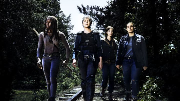 Danai Gurira as Michonne, Melissa McBride as Carol Peletier, Lauren Cohan as Maggie Greene, Alanna Masterson as Tara Chambler - The Walking Dead _ Season 8, Gallery - Photo Credit: Alan Clarke/AMC