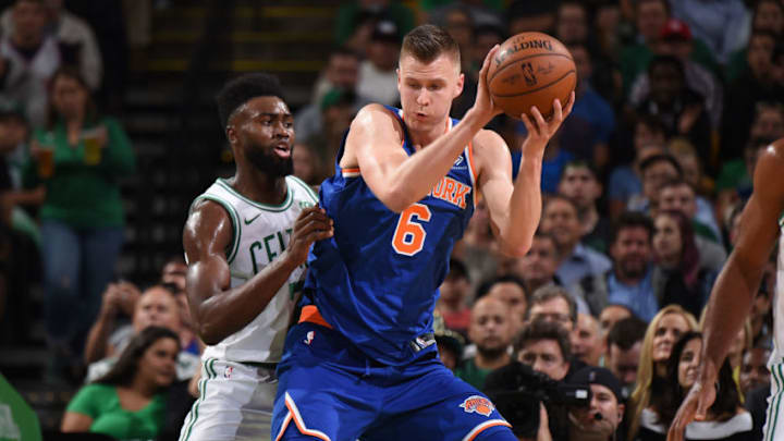 BOSTON, MA - OCTOBER 24: Kristaps Porzingis #6 of the New York Knicks handles the ball against the Boston Celtics on October 24, 2017 at the TD Garden in Boston, Massachusetts. Copyright 2017 NBAE (Photo by Brian Babineau/NBAE via Getty Images)