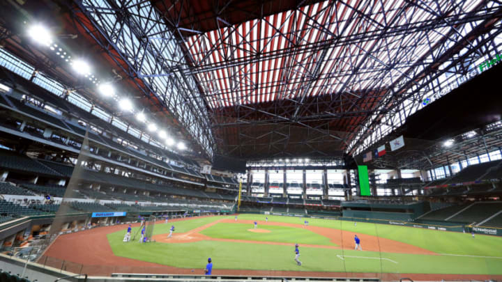 ARLINGTON, TEXAS - JULY 09: A view of the Texas Rangers during an intrasquad game during Major League Baseball summer workouts at Globe Life Field on July 09, 2020 in Arlington, Texas. (Photo by Tom Pennington/Getty Images)