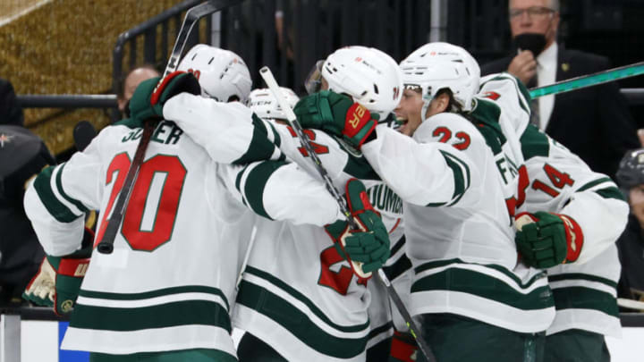 Members of the Minnesota Wild celebrat a goal by Zach Parise during the first period Friday. The Wild fell to Vegas in Game 7 after rallying from a 3-1 series deficit.(Photo by Ethan Miller/Getty Images)
