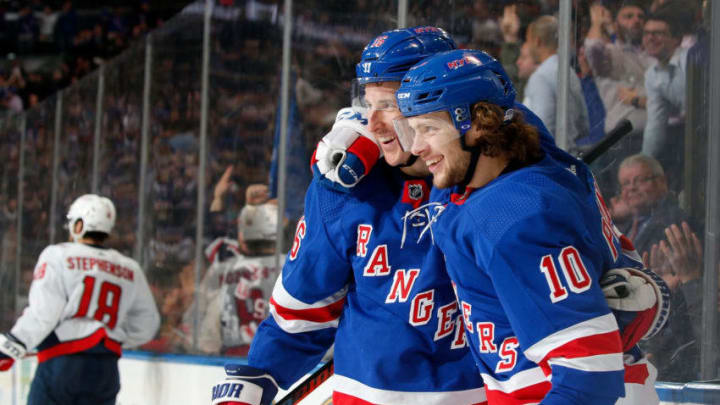 NEW YORK, NY - NOVEMBER 20: Artemi Panarin #10 and Ryan Strome #16 of the New York Rangers celebrate after a goal in the third period against the Washington Capitals at Madison Square Garden on November 20, 2019 in New York City. (Photo by Jared Silber/NHLI via Getty Images)
