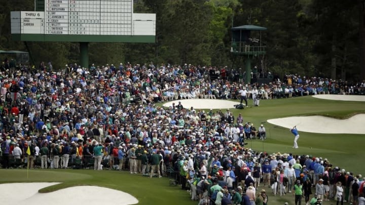 Apr 10, 2016; Augusta, GA, USA; Jordan Spieth hits his tee shot on the 3rd hole during the final round of the 2016 The Masters golf tournament at Augusta National Golf Club. Mandatory Credit: Rob Schumacher-USA TODAY Sports