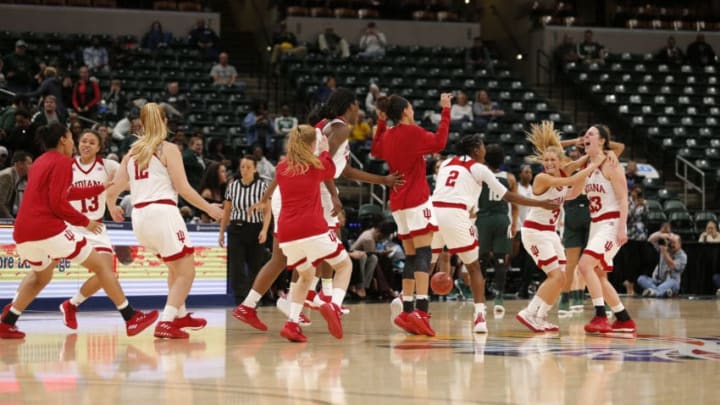 INDIANAPOLIS, IN - MARCH 01: The Indiana Hoosiers celebrate after defeating Michigan State in 4 overtimes during the game between the Michigan State Spartans and Indiana Hoosiers on March 1, 2018, at Bankers Life Fieldhouse in Indianapolis, IN. The Indiana Hoosiers defeated the Michigan State Spartans in 4 overtimes 111-109. (Photo by Jeffrey Brown/Icon Sportswire via Getty Images)
