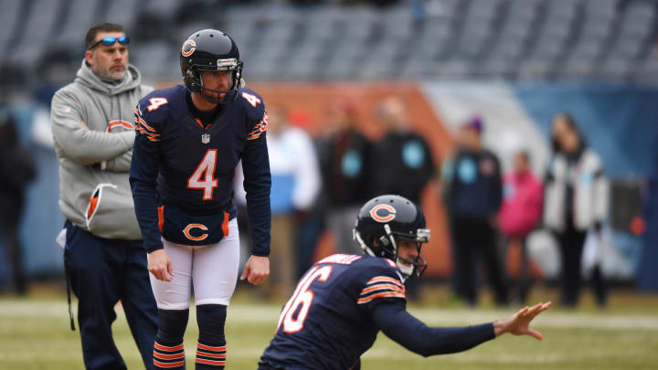 Dec 24, 2016; Chicago, IL, USA; Chicago Bears kicker Connor Barth (4) and punter Pat O'Donnell (16) warm up prior to their game against the Washington Redskins at Soldier Field. Mandatory Credit: Patrick Gorski-USA TODAY Sports