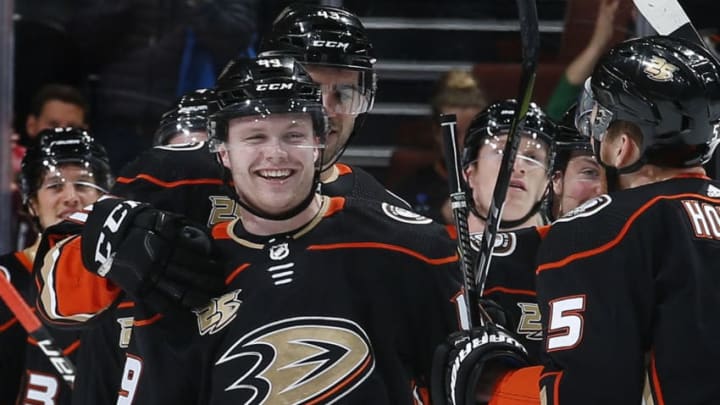ANAHEIM, CA - MARCH 8: Max Jones #49 of the Anaheim Ducks celebrates his first NHL goal with his teammates during the third period of the game against the Montreal Canadiens on March 8, 2019 at Honda Center in Anaheim, California. (Photo by Debora Robinson/NHLI via Getty Images)