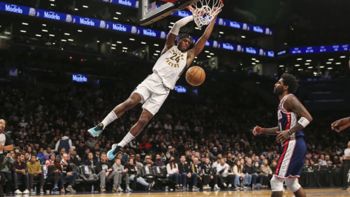 Apr 10, 2022; Brooklyn, New York, USA; Indiana Pacers guard Buddy Hield (24) dunks in the second quarter against the Brooklyn Nets at Barclays Center. Mandatory Credit: Wendell Cruz-USA TODAY Sports