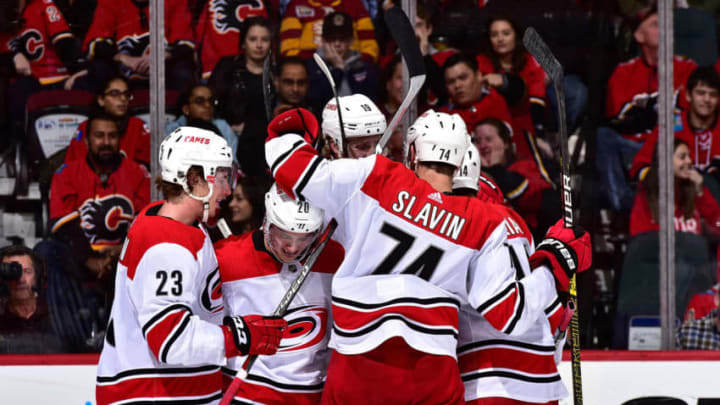 CALGARY, AB - JANUARY 22: The Carolina Hurricane celebrate after a goal against the Calgary Flames at Scotiabank Saddledome on January 22, 2019 in Calgary, Alberta, Canada. (Photo by Terence Leung/NHLI via Getty Images)