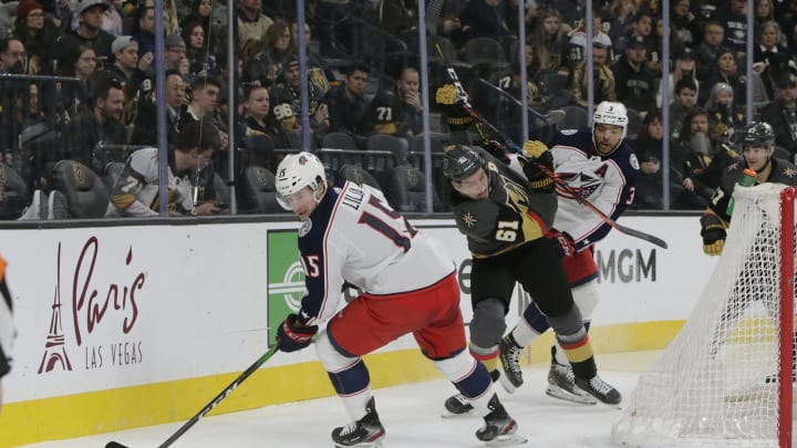 LAS VEGAS, NV – JANUARY 11: Columbus Blue Jackets left wing Jakob Lilja (15) controls the puck during a regular season game against the Vegas Golden Knights Saturday, Jan. 11, 2020, at T-Mobile Arena in Las Vegas, Nevada. (Photo by: Marc Sanchez/Icon Sportswire via Getty Images)