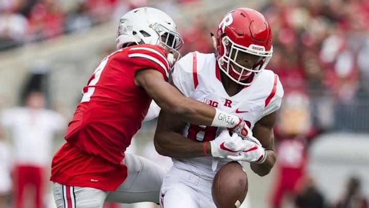 Oct 1, 2016; Columbus, OH, USA; Ohio State Buckeyes cornerback Marshon Lattimore (2) knocks the ball out of the hands of Rutgers Scarlet Knights wide receiver Andre Patton (88) at Ohio Stadium. Mandatory Credit: Greg Bartram-USA TODAY Sports