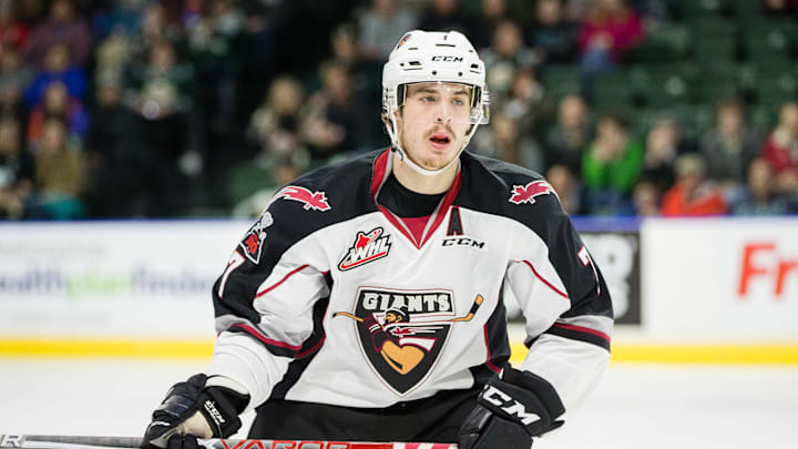 EVERETT, WA – NOVEMBER 25: Vancouver Giants forward Ty Ronning (7) skates towards the benches during a game between the Vancouver Giants and the Everett Silvertips on Saturday, November 25, 2017 at Xfinity Arena in Everett, Washington. Everett defeated Vancouver by a final score of 5-2. (Photo by Christopher Mast/Icon Sportswire via Getty Images)