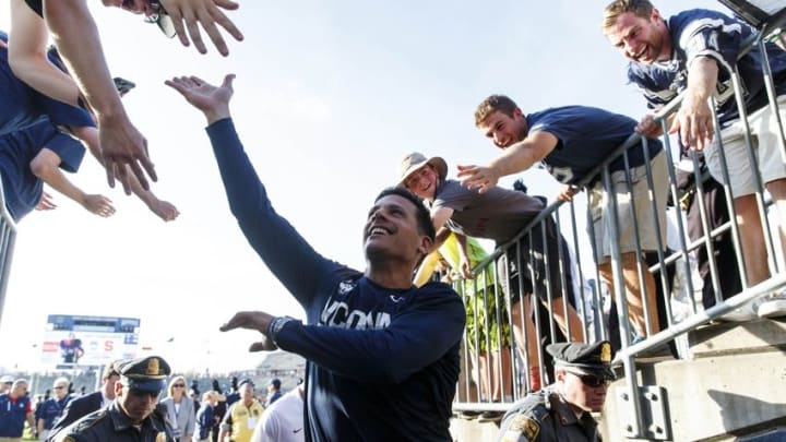 Sep 17, 2016; East Hartford, CT, USA; Connecticut Huskies head coach Bob Diaco reacts with fans after defeating the Virginia Cavaliers at Rentschler Field. UConn defeated Virginia 13-10. Mandatory Credit: David Butler II-USA TODAY Sports