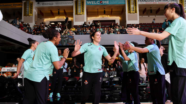WHITE PLAINS, NY- MAY 24: Rebecca Allen #9 of the New York Liberty introduced prior to the game against the Indiana Fever on May 24, 2019 at the Westchester County Center, in White Plains, New York. NOTE TO USER: User expressly acknowledges and agrees that, by downloading and or using this photograph, User is consenting to the terms and conditions of the Getty Images License Agreement. Mandatory Copyright Notice: Copyright 2019 NBAE (Photo by Matteo Marchi/NBAE via Getty Images)