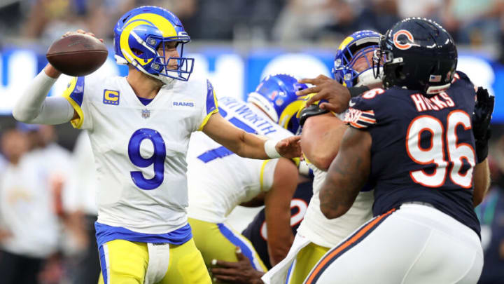 INGLEWOOD, CALIFORNIA - SEPTEMBER 12: Matthew Stafford #9 of the Los Angeles Rams looks to pass during the first half against the Chicago Bears at SoFi Stadium on September 12, 2021 in Inglewood, California. (Photo by Ronald Martinez/Getty Images)
