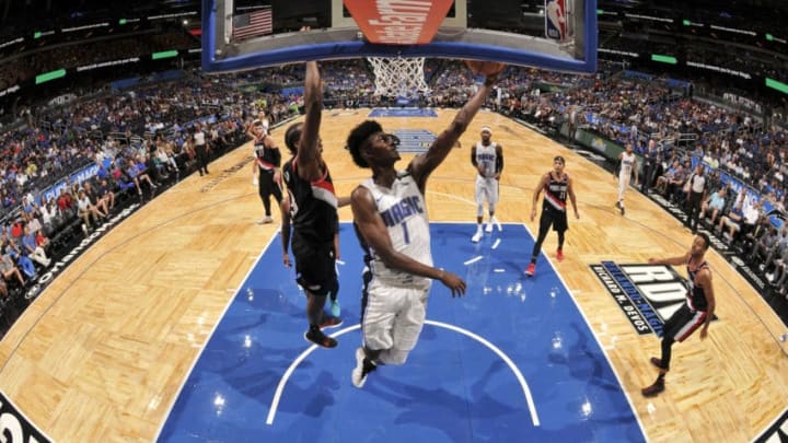 ORLANDO, FL - OCTOBER 25: Jonathan Isaac #1 of the Orlando Magic goes to the basket against the Portland Trail Blazers on October 25, 2018 at Amway Center in Orlando, Florida. NOTE TO USER: User expressly acknowledges and agrees that, by downloading and/or using this photograph, user is consenting to the terms and conditions of the Getty Images License Agreement. Mandatory Copyright Notice: Copyright 2018 NBAE (Photo by Fernando Medina/NBAE via Getty Images)