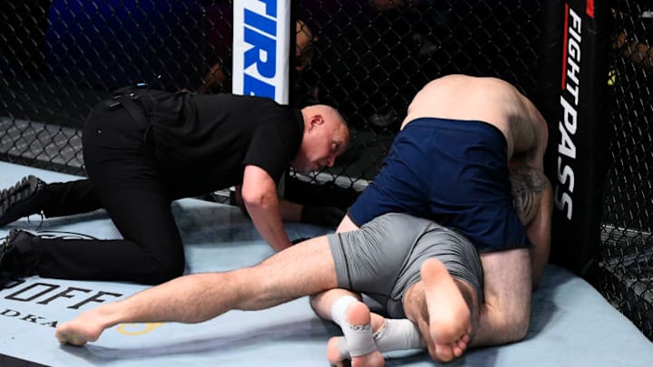 LAS VEGAS, NEVADA - SEPTEMBER 08: Aliaskhab Khizriev secures a rear choke submission against Henrique Shiguemoto in a middleweight bout during week six of Dana White's Contender Series season four at UFC APEX on September 08, 2020 in Las Vegas, Nevada. (Photo by Chris Unger/DWCS LLC/Zuffa LLC)