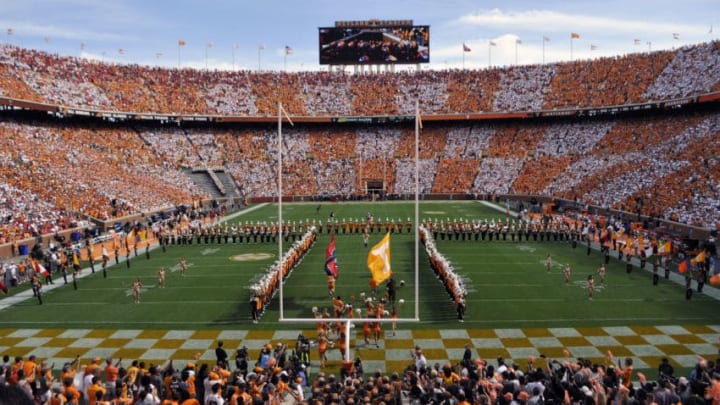 KNOXVILLE, TN - SEPTEMBER 30: The Tennessee Volunteers come onto the field through the 'T' before the game between the Georgia Bulldogs and the Tennessee Volunteers on September 30, 2017, at Neyland Stadium in Knoxville, TN. Georgia defeated Tennessee 41-0. (Photo by Jeffrey Vest/Icon Sportswire via Getty Images)