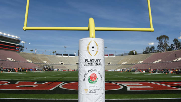 PASADENA, CA - JANUARY 01: CFP Semifinal and Rose Bowl Game logo on the goal post before the College Football Playoff Semifinal at the Rose Bowl Game between the Georgia Bulldogs and Oklahoma Sooners on January 1, 2018, at the Rose Bowl in Pasadena, CA. (Photo by Chris Williams/Icon Sportswire via Getty Images) PASADENA, CA - JANUARY 01: CFP Semifinal and Rose Bowl Game logo on the goal post before the College Football Playoff Semifinal at the Rose Bowl Game between the Georgia Bulldogs and Oklahoma Sooners on January 1, 2018, at the Rose Bowl in Pasadena, CA. (Photo by Chris Williams/Icon Sportswire via Getty Images)