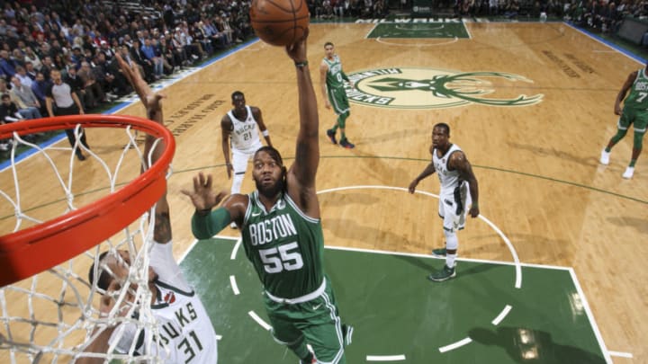MILWAUKEE, WI - APRIL 3: Greg Monroe #55 of the Boston Celtics shoots the ball against the Milwaukee Bucks on April 3, 2018 at the BMO Harris Bradley Center in Milwaukee, Wisconsin. NOTE TO USER: User expressly acknowledges and agrees that, by downloading and or using this Photograph, user is consenting to the terms and conditions of the Getty Images License Agreement. Mandatory Copyright Notice: Copyright 2018 NBAE (Photo by Gary Dineen/NBAE via Getty Images)