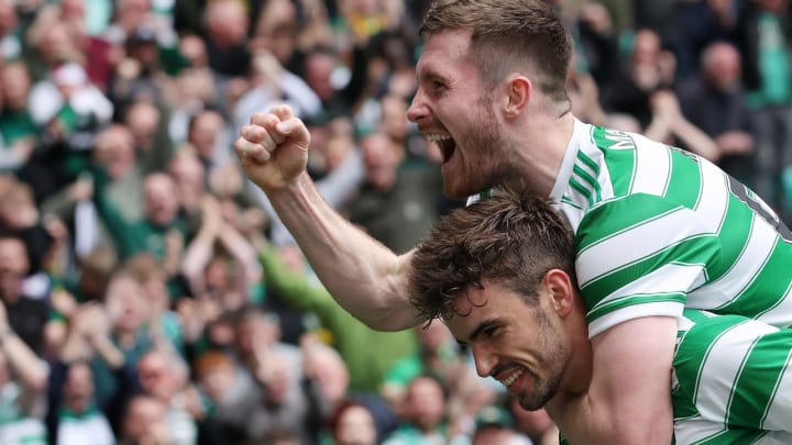 Matt O’Riley of Celtic is congratulated by a teammate (Photo by Ian MacNicol/Getty Images)