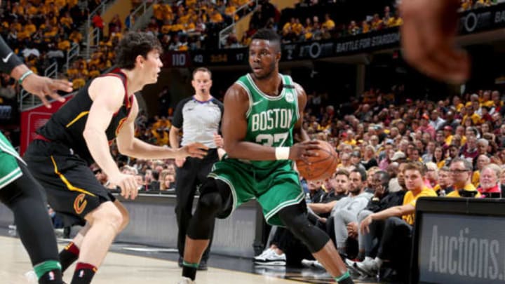 CLEVELAND, OH – MAY 19: Semi Ojeleye #37 of the Boston Celtics handles the ball against the Cleveland Cavaliers in Game Three of the Eastern Conference Finals of the 2018 NBA Playoffs on May 19, 2018 at Quicken Loans Arena in Cleveland, Ohio. NOTE TO USER: User expressly acknowledges and agrees that, by downloading and or using this photograph, user is consenting to the terms and conditions of Getty Images License Agreement. Mandatory Copyright Notice: Copyright 2018 NBAE (Photo by Nathaniel S. Butler/NBAE via Getty Images)