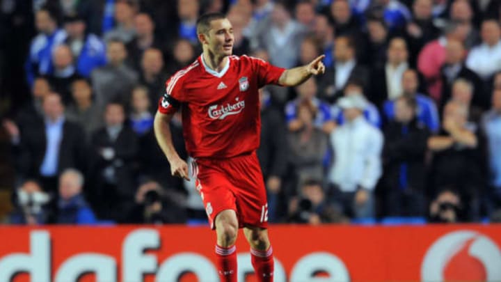 Liverpool’s Brazilian defender Fabio Aurelio celebrates scoring against Chelsea during their UEFA Champions League quarter final second leg football match at Stamford Bridge in London, England on April 14, 2009. AFP PHOTO/PAUL ELLIS (Photo credit should read PAUL ELLIS/AFP/Getty Images)