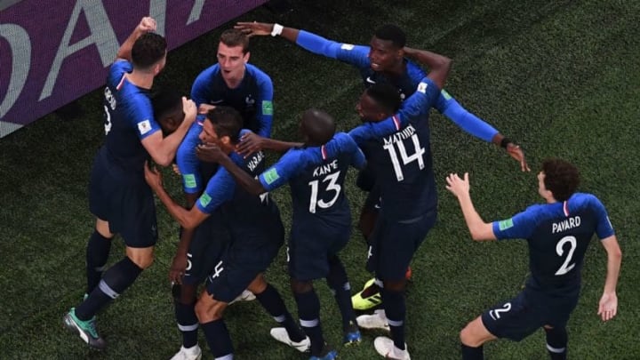 France's defender Samuel Umtiti celebrates with teammates after scoring a goal during the Russia 2018 World Cup semi-final football match between France and Belgium at the Saint Petersburg Stadium in Saint Petersburg on July 10, 2018. (Photo by Jewel SAMAD / AFP) / RESTRICTED TO EDITORIAL USE - NO MOBILE PUSH ALERTS/DOWNLOADS (Photo credit should read JEWEL SAMAD/AFP/Getty Images)