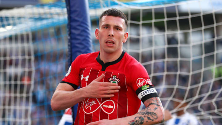 BRIGHTON, ENGLAND - MARCH 30: Pierre-Emile Hojbjerg of Southampton celebrates after scoring his team's first goal during the Premier League match between Brighton & Hove Albion and Southampton FC at American Express Community Stadium on March 30, 2019 in Brighton, United Kingdom. (Photo by Dan Istitene/Getty Images)
