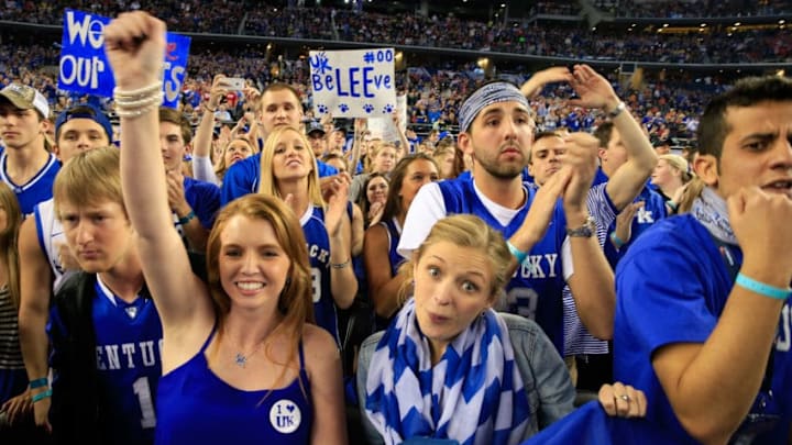 ARLINGTON, TX - APRIL 05: Kentucky Wildcats fans cheer prior to the NCAA Men's Final Four Semifinal against the Wisconsin Badgers at AT